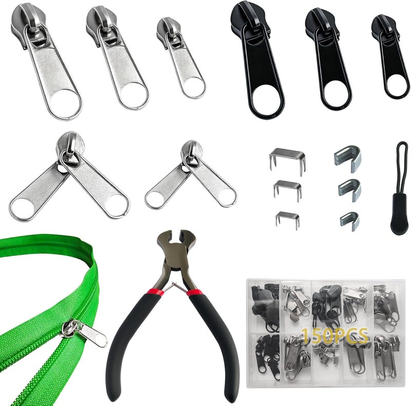 Vintex 150 Pcs Zipper Repair Kit with Replacement Sliders, #3#5#8 Metal Zipper Pull Replacement Kit with Install Plier for Jackets, Coats, Tents, Backpacks, Sleeping Bags, and Luggage - Image 1